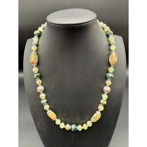 Genuine Unakite and Crystal Beaded Necklace With Gift Pouch‎ Green Faceted Beads